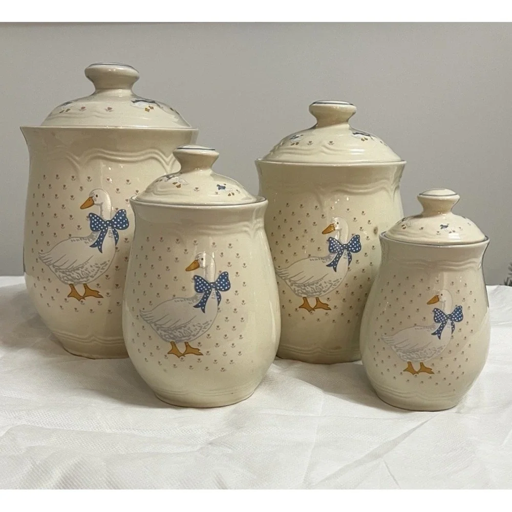 Vtg Tienshan Aunt Rhody Goose Canister Set 4 Country Cottagecore Farmhouse